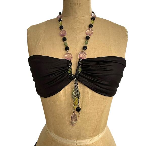 Beach Bunny Black Bikini Set Dangling Pastel Jewels Chain Halter Top L Bottoms M - Picture 2 of 13